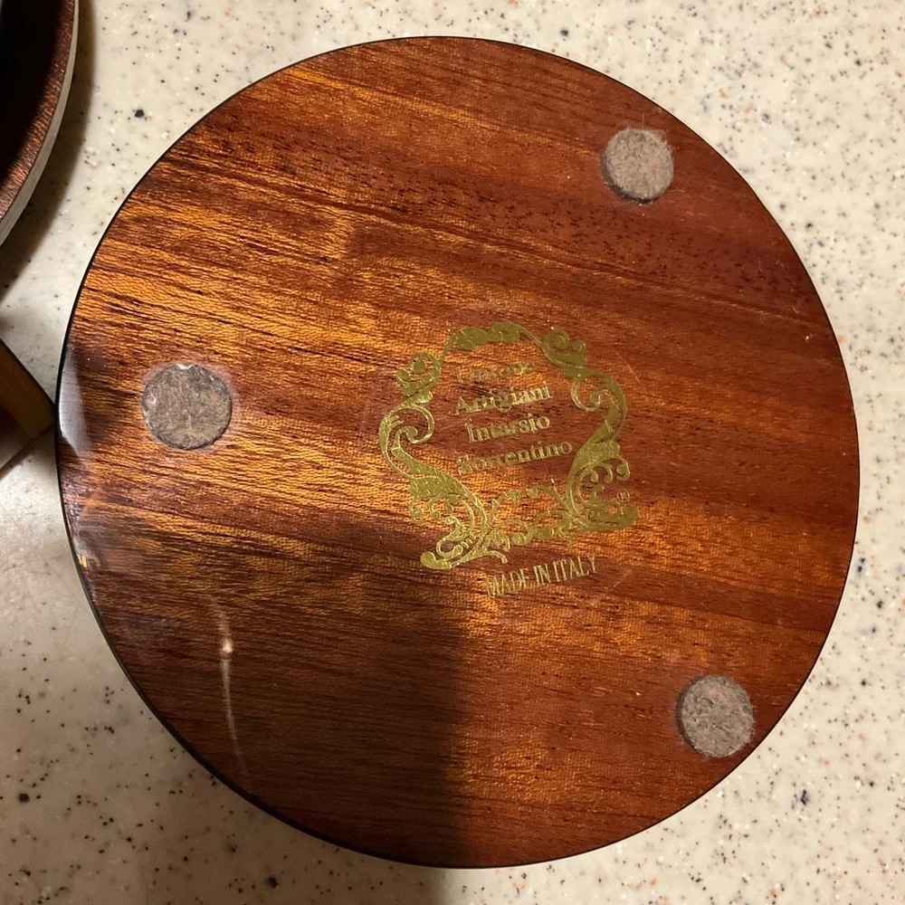 HANDMADE Italian Coaster Set of 6 Inlaid Wooden Stand Mandolin/ Violin Brown Tan